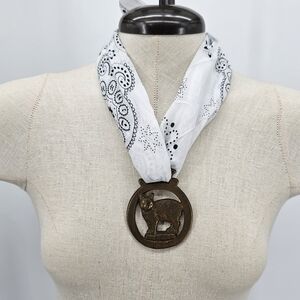Vintage Brass Cat Bear Horse Medallion Necklace Scarf